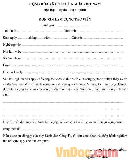 Mẫu đơn xin làm cộng tác viên