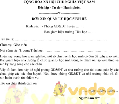 Mẫu đơn xin làm hè dành cho giáo viên