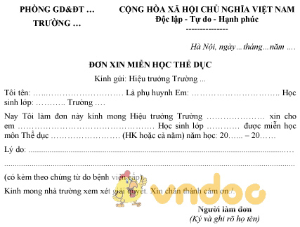 Mẫu đơn xin miễn học thể dục