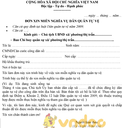 Mẫu đơn xin miễn nghĩa vụ dân quân tự vệ