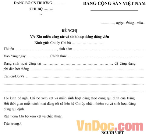 Mẫu đơn đề nghị miễn sinh hoạt Đảng