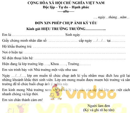 Mẫu đơn xin phép chụp ảnh kỷ yếu