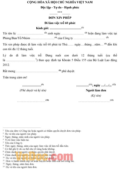 Mẫu đơn xin phép đi làm trễ