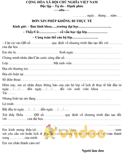 Mẫu đơn xin phép không đi thực tế