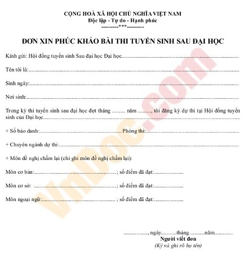 Mẫu đơn xin phúc khảo bài thi tuyển sinh sau đại học