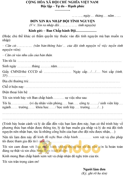 Mẫu đơn xin ra nhập đội tình nguyện