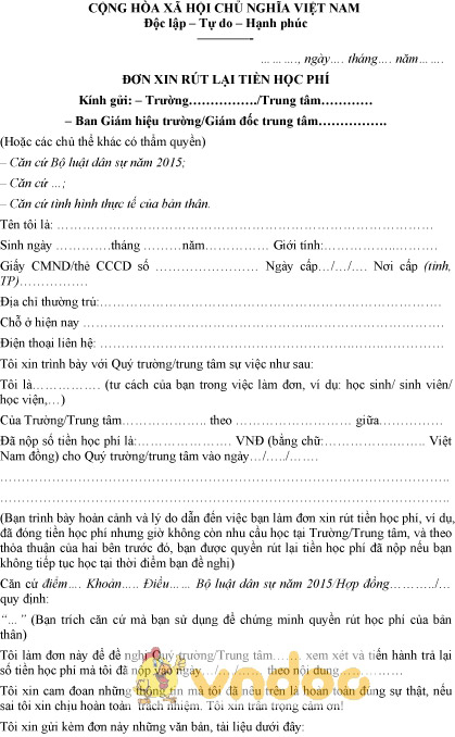 Mẫu đơn xin rút lại tiền học phí