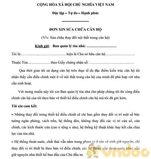 Mẫu đơn xin sửa chữa căn hộ chung cư