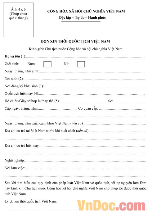 Mẫu đơn xin thôi quốc tịch Việt Nam