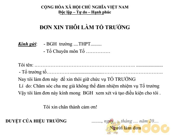 Mẫu đơn xin thôi giữ chức vụ tổ trưởng