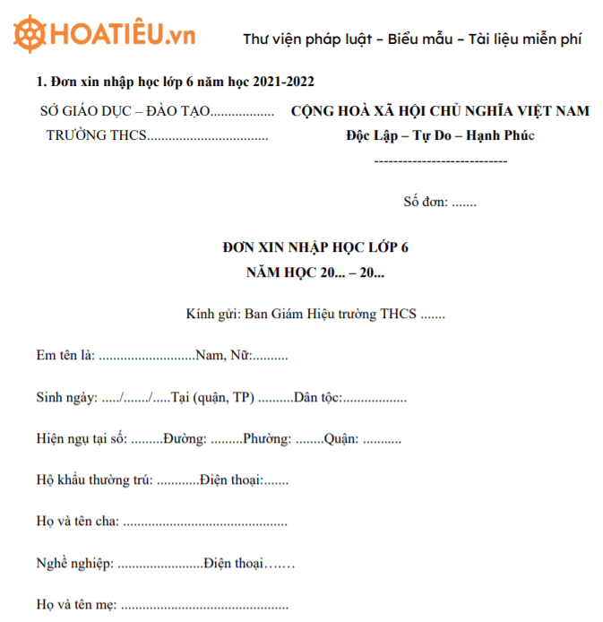 Mẫu đơn xin vào học lớp 6
