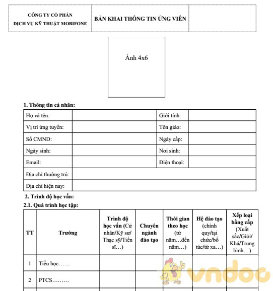 Mẫu đơn xin việc vào Mobifone