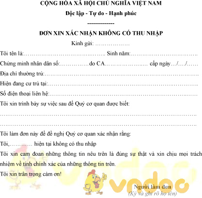 Mẫu đơn xin xác nhận bản thân không có thu nhập