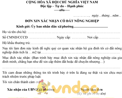 Mẫu đơn xin xác nhận có đất nông nghiệp