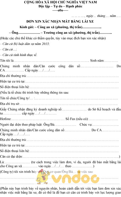 Mẫu đơn xin xác nhận mất bằng lái xe