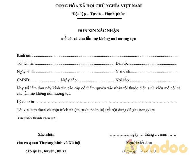 Mẫu đơn xin xác nhận mồ côi cha mẹ