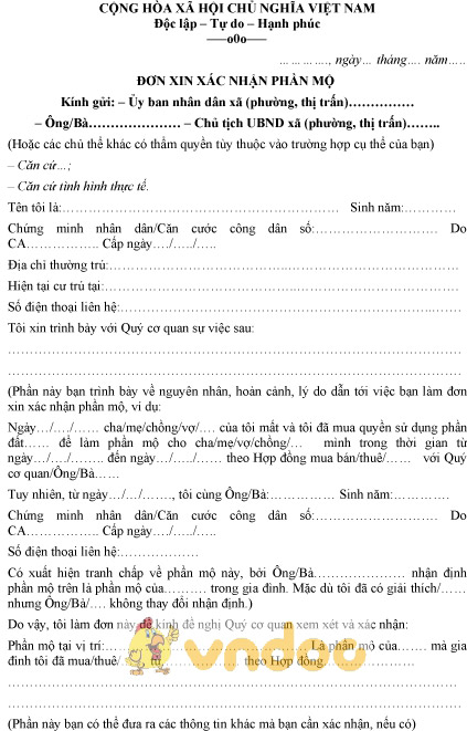 Mẫu đơn xin xác nhận phần mộ