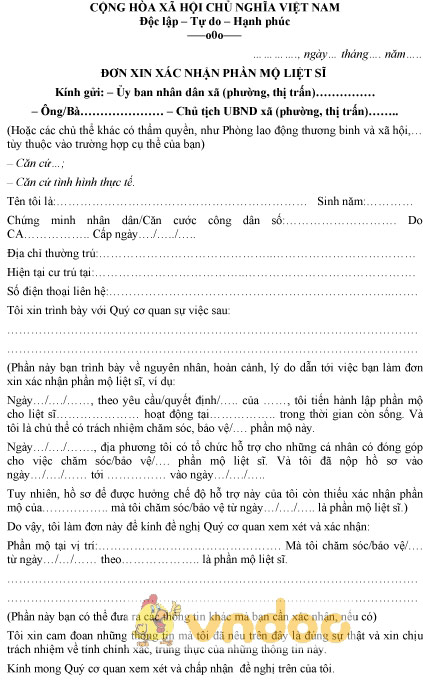 Mẫu đơn xin xác nhận phần mộ liệt sĩ