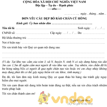 Mẫu đơn yêu cầu dẹp bỏ rào chắn