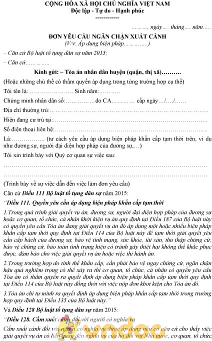 Mẫu đơn yêu cầu ngăn chặn xuất cảnh