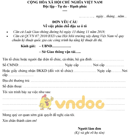 Mẫu đơn yêu cầu phân chỗ đậu xe ô tô