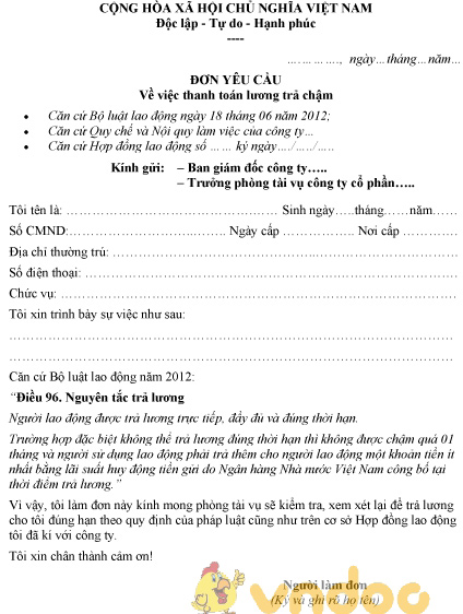Mẫu đơn yêu cầu thanh toán lương trả chậm