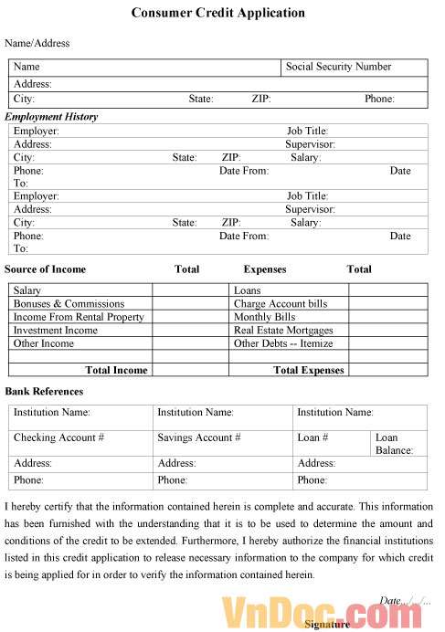 Mẫu ghi chép tín dụng - Consumer Credit Application