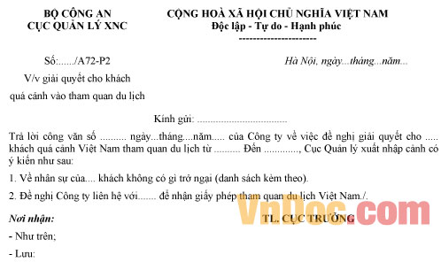 Mẫu giải quyết cho khách quá cảnh vào tham quan du lịch tại Việt Nam