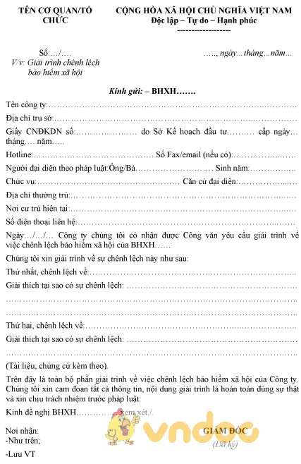 Mẫu giải trình chênh lệch bảo hiểm xã hội