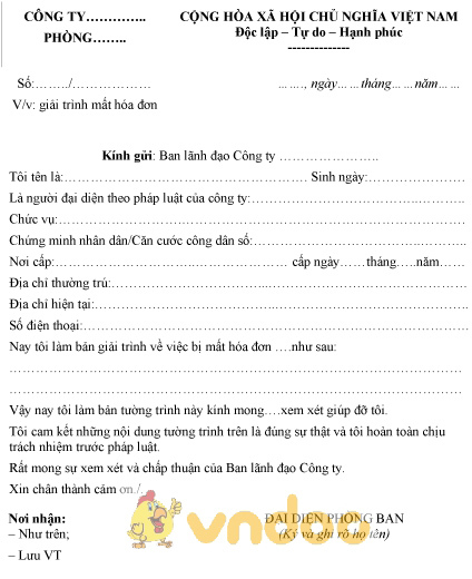 Mẫu giải trình mất hóa đơn