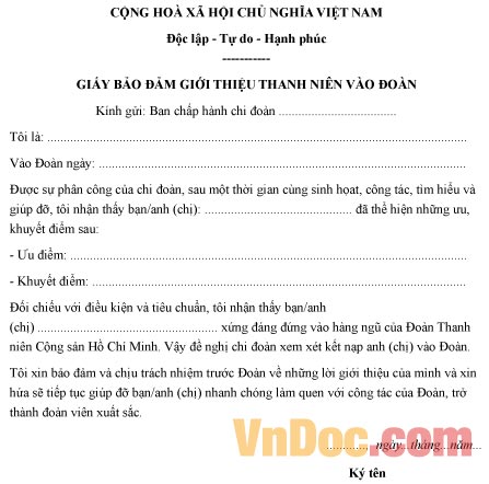 Mẫu giấy bảo đảm của đoàn viên giới thiệu