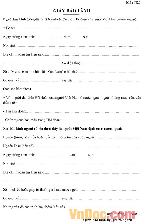 Mẫu giấy bảo lãnh cho người Việt Nam định cư ở nước ngoài