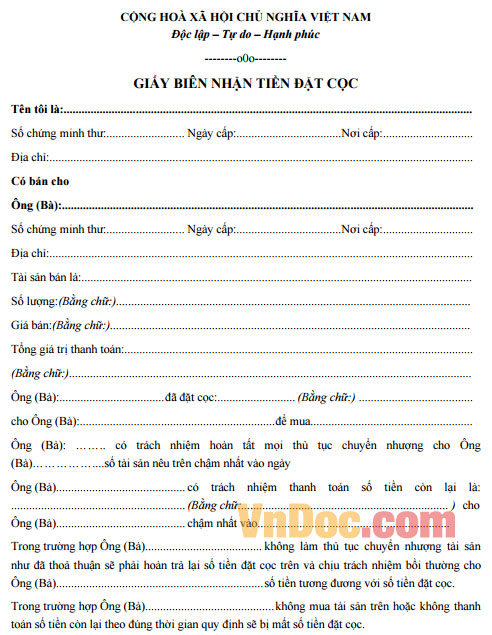 Mẫu giấy biên nhận tiền đặt cọc