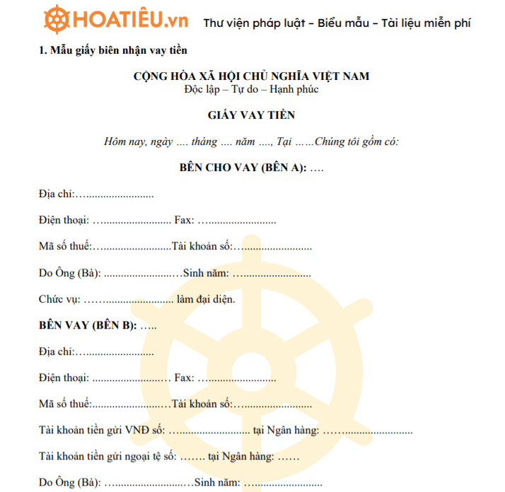 Mẫu giấy biên nhận vay tiền