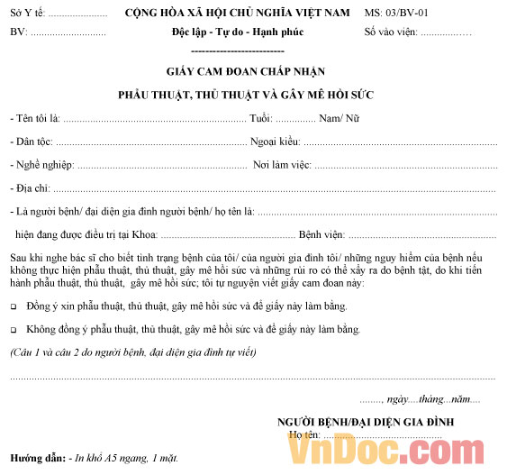 Mẫu giấy cam đoan chấp nhận phẫu thuật, thủ thuật và gây mê hồi sức