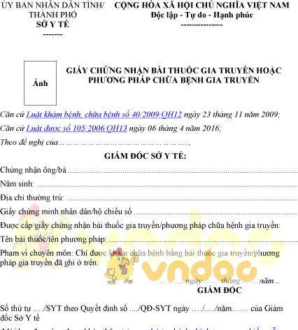 Mẫu giấy chứng nhận bài thuốc gia truyền hoặc phương pháp chữa bệnh gia truyền