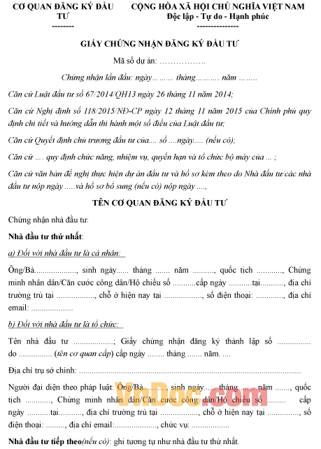 Mẫu giấy chứng nhận về việc đăng ký đầu tư
