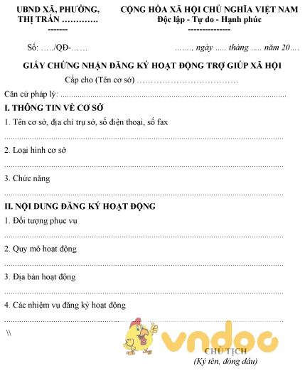 Mẫu giấy chứng nhận đăng ký hoạt động trợ giúp xã hội