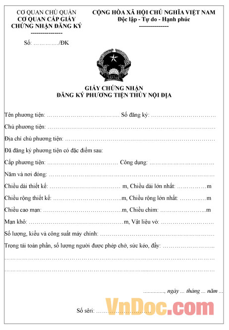 Mẫu giấy chứng nhận đăng ký phương tiện thủy nội địa