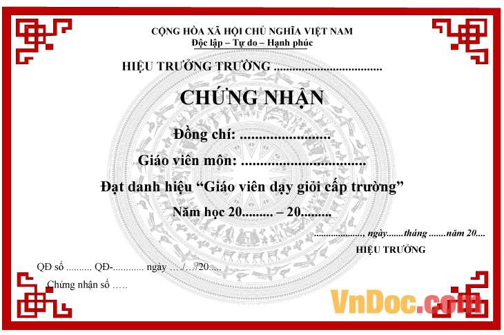 Mẫu giấy chứng nhận giáo viên dạy giỏi cấp trường