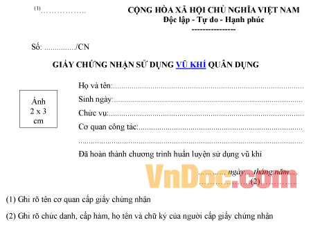 Mẫu giấy chứng nhận về việc sử dụng vũ khí quân dụng