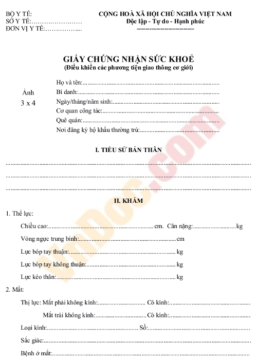 Mẫu giấy chứng nhận sức khỏe