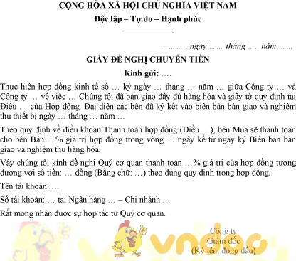 Mẫu giấy đề nghị chuyển tiền theo hợp đồng