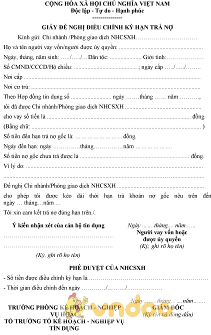 Mẫu giấy đề nghị điều chỉnh kỳ hạn trả nợ