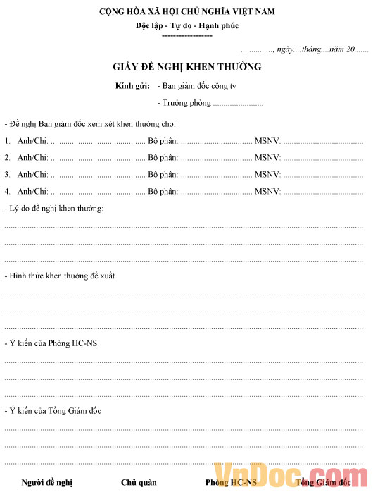 Mẫu giấy đề nghị khen thưởng