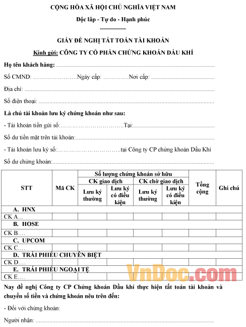 Mẫu giấy đề nghị tất toán tài khoản chứng khoán cá nhân