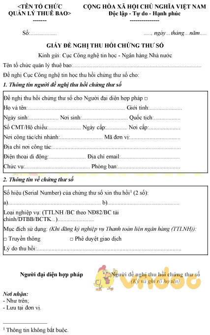 Mẫu giấy đề nghị thu hồi chứng thư số