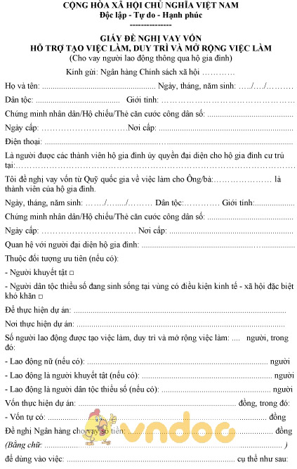 Mẫu giấy đề nghị vay vốn hỗ trợ tạo việc làm dùng cho vay người lao động thông qua hộ gia đình