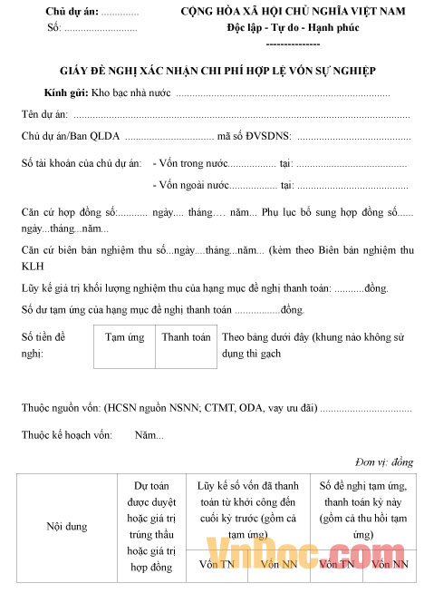 Mẫu giấy đề nghị xác nhận chi phí hợp lệ vốn sự nghiệp