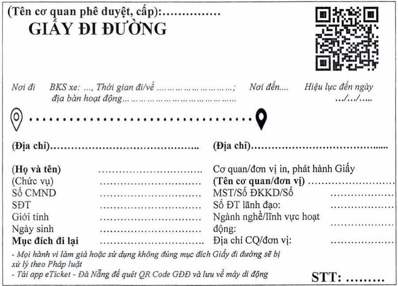 Mẫu giấy đi đường Đà Nẵng trong thời gian giãn cách